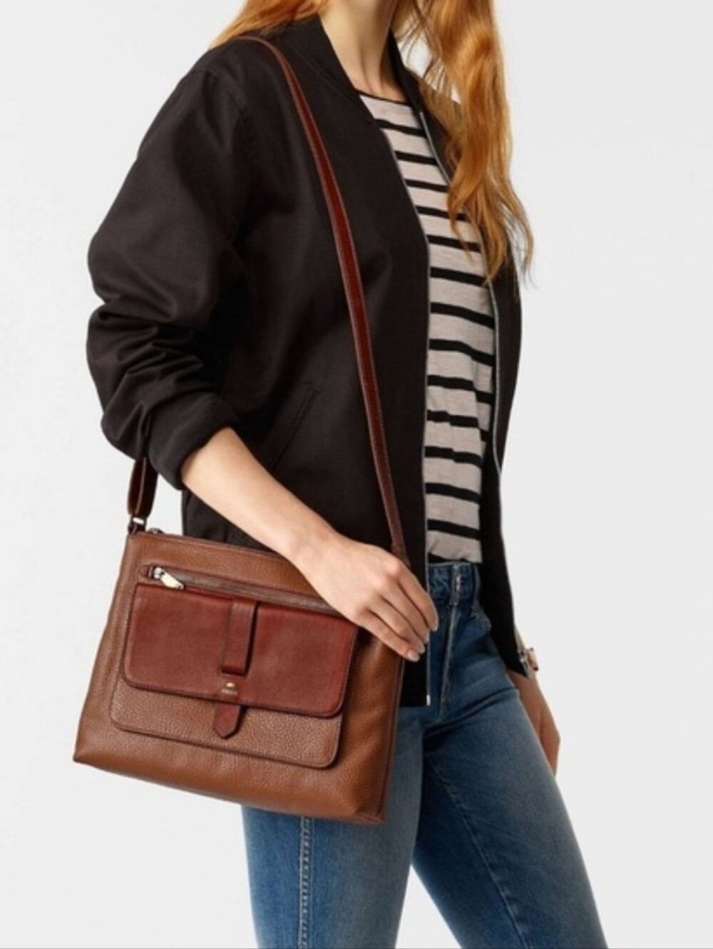 Fossil Brown Kinley Pebbled Leather Crossbody Bag.